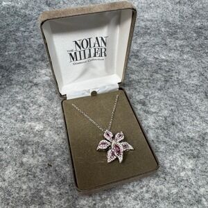 Vintage Nolan Miller Large Lily Flower Rhinestone Necklace‎ Silvertone Purple